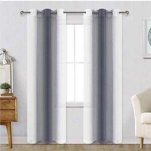 Grey Ombre Gradient Sheer 2 Panel Curtains - Faux Linen Voile Grommet Window